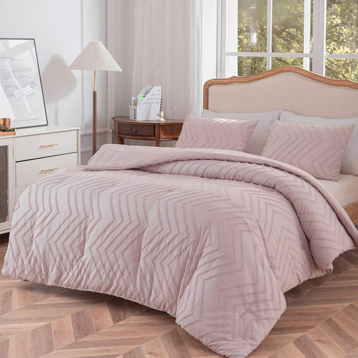 Queen Size Comforter Set, Chevron Tufted Design Blush Pink , Boho Bedding for Queen Bed ,Lightweight and Fluffy for All Seasons, 3 Piece