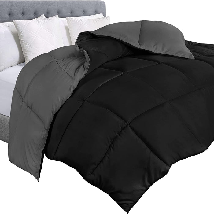 Comforter Duvet Insert - Quilted Comforter with Corner Tabs - Box Stitched down Alternative Comforter (Black/Grey, Queen)