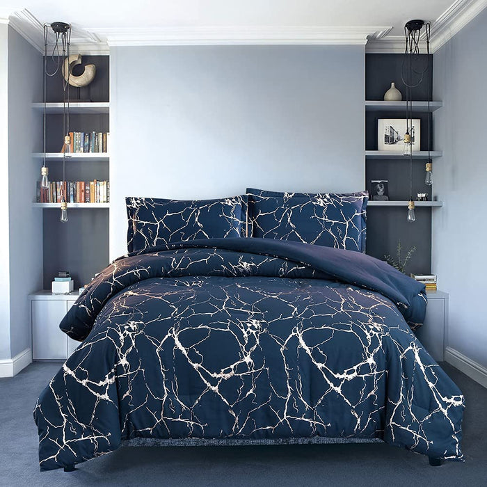 Silver Metallic Marble Comforter Set Queen Size Foil Print Glitter Bedding Set, Navy Blue/Silver