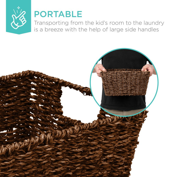 Set of 4 Multipurpose Stackable Seagrass Laundry Organizer Tote Baskets W/ Insert Handles - Brown