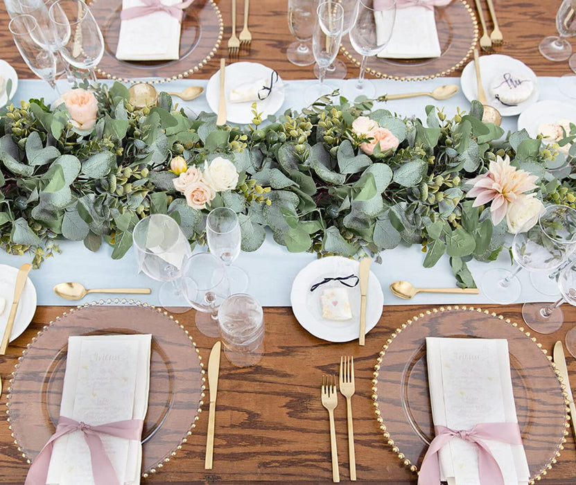 Eucalyptus Garland 6.56 Ft Lush Silver Dollar Eucalyptus Leaves Boxwood Artificial Faux Greenery Garland Vines for Baby Shower Wedding Party Table Runner Room Home Mantle Decor