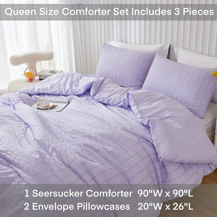 Lavender Purple Seersucker Queen Comforter Set(90X90 Inches),3 Pieces-100% Soft Washed Microfiber Lightweight Comforter with 2 Pillowcases, All Season down Alternative Comforter Set for Bedding