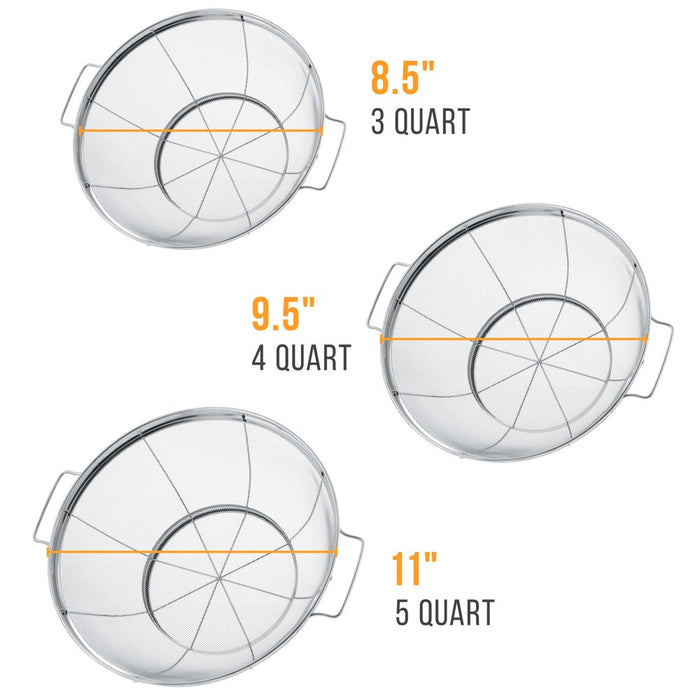 3 Piece Colander Set-Stainless Steel Wired Mesh Strainer Baskets with Wide Handles-11"-5 Quart, 9.5"