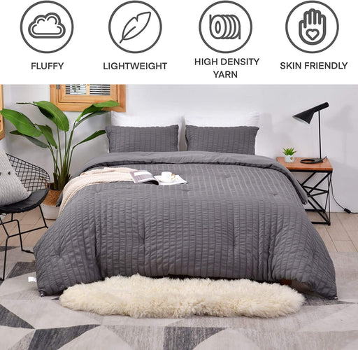 Seersucker Queen Comforter Set (90X90 Inches), 3 Pieces- 100% Soft Washed Microfiber Lightweight Comforter with 2 Pillowcases, All Season down Alternative Comforter Set for Bedding, Grey