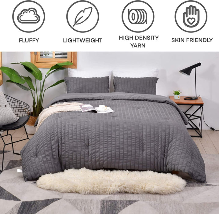 Seersucker Queen Comforter Set (90X90 Inches), 3 Pieces- 100% Soft Washed Microfiber Lightweight Comforter with 2 Pillowcases, All Season down Alternative Comforter Set for Bedding, Grey