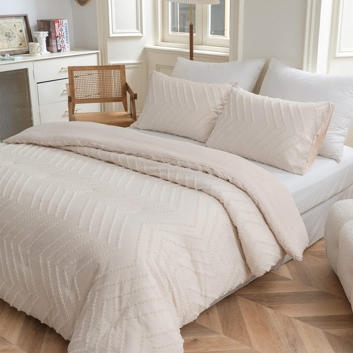Queen Comforter Set, Cream Chevron Tufted Design Comforter for Queen Bed,Lightweight and Fluffy Bed Comforter Set 3 Pieces for All Seasons