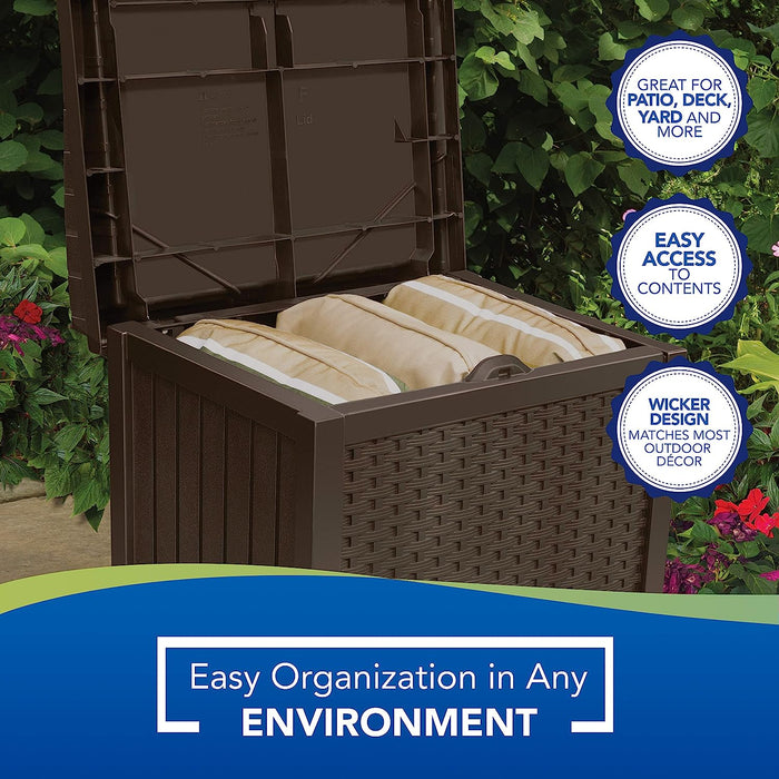 22-Gallon Small Deck Box - Lightweight Resin Indoor/Outdoor Storage Container and Seat for Patio Cushions, Gardening Tools and Toys - Store Items on Patio, Garage, Yard - Mocha Wicker