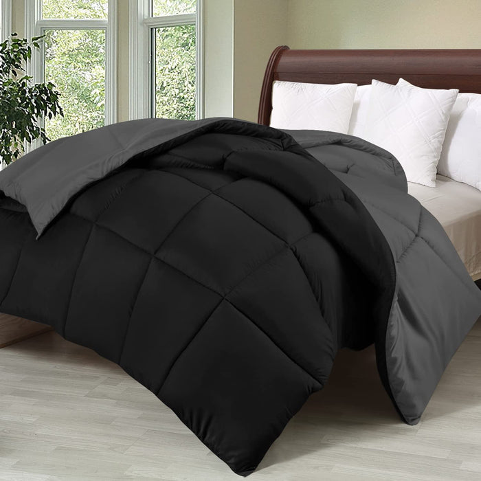 Comforter Duvet Insert - Quilted Comforter with Corner Tabs - Box Stitched down Alternative Comforter (Black/Grey, Queen)