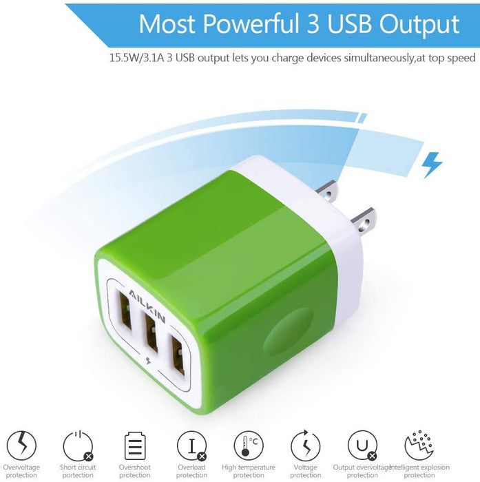 Wall Charger,Usb Charger Adapter,3.1A/3Pack Muti Port Fast Charging Station Power Charge Base Block Plug,Green