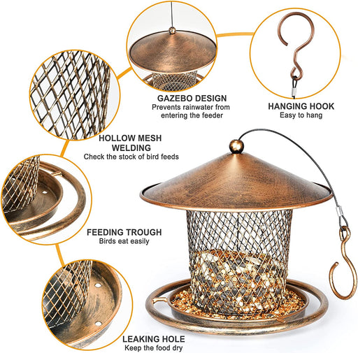 Squirrel Proof Bird Feeders, Cute Lantern Bird Feeder Roof Shaped, Heavy Duty Metal Wild Bird Feeder with Hook for Garden Yard outside Hanging Decor, 2Lbs Capacity - Bronzed