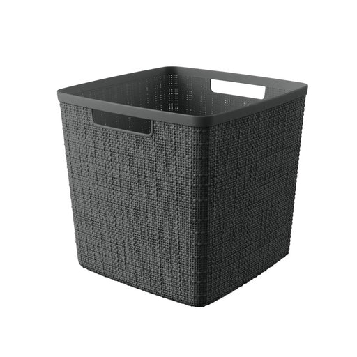 Jute 11" Cube Basket, Resin Plastic Storage Bin, Grey Flannel