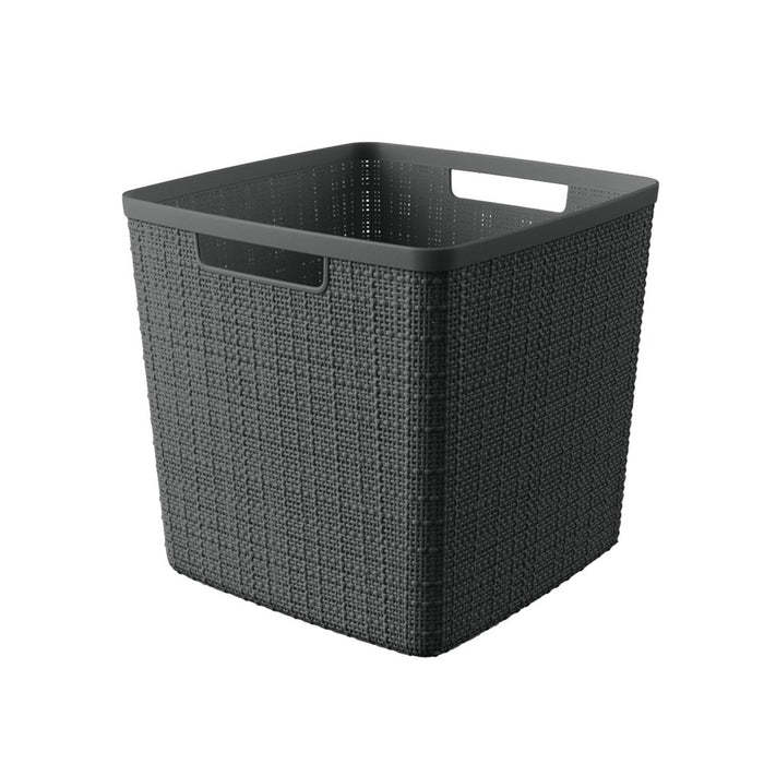Jute 11" Cube Basket, Resin Plastic Storage Bin, Grey Flannel