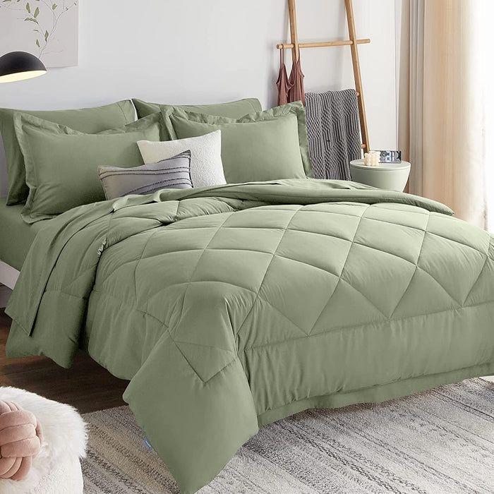 Queen Comforter Set with Sheets 7 Pieces Bed in a Bag Sage Green All Season Bedding Sets with Comforter, Pillow Shams, Flat Sheet, Fitted Sheet and Pillowcases