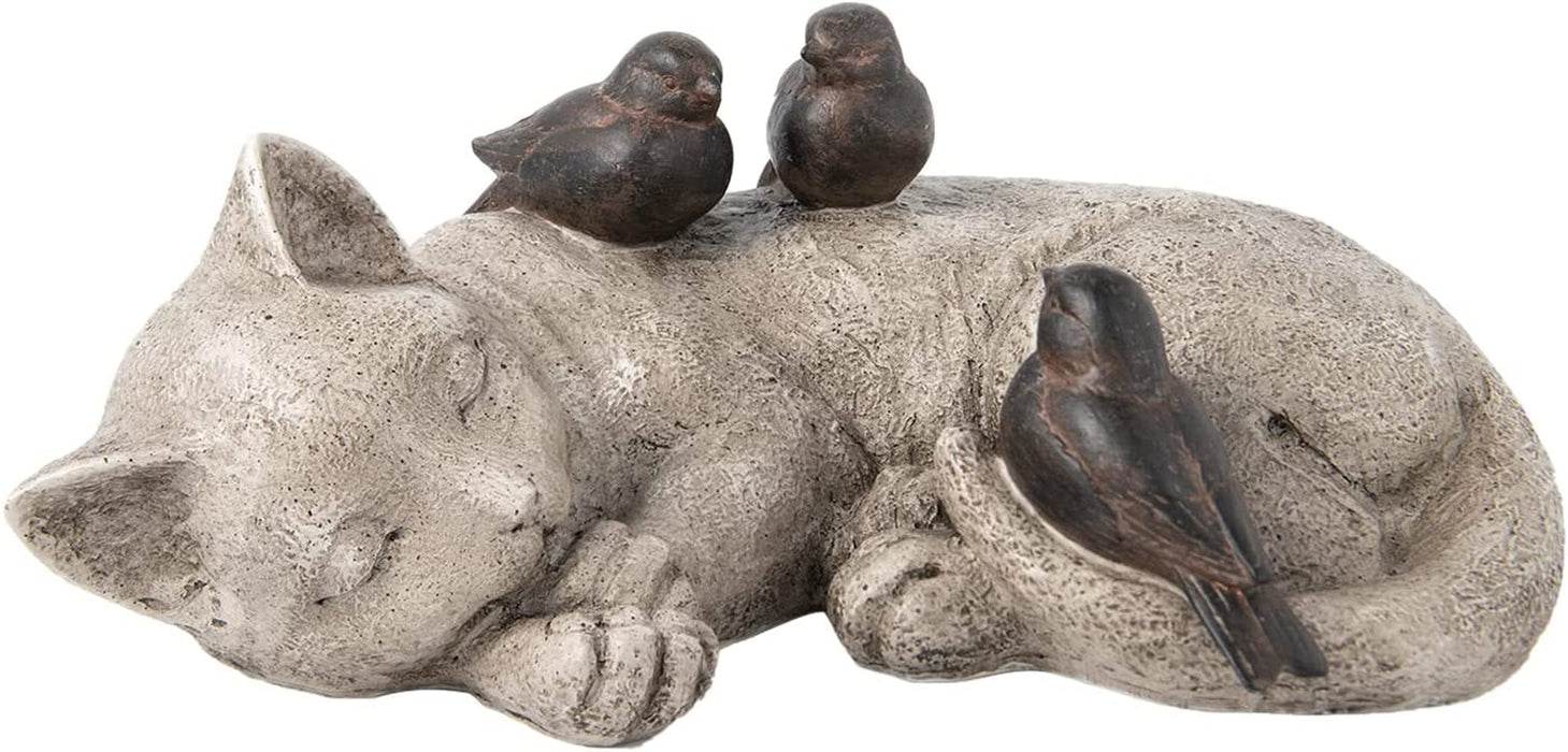 Sleeping Cat Garden Statues Outdoor - Sparrows on Cat Figurine 12" X 8" X 4.5"