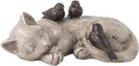Sleeping Cat Garden Statues Outdoor - Sparrows on Cat Figurine 12" X 8" X 4.5"