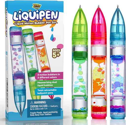 Liquipen - Liquid Motion Bubbler Pens Sensory Toy (3 Pack) - Writes like a Regular Pen - Colorful Liquid Timer Pens Great for Stress and Anxiety Relief - Cool Fidget Toys for Kids and Adults