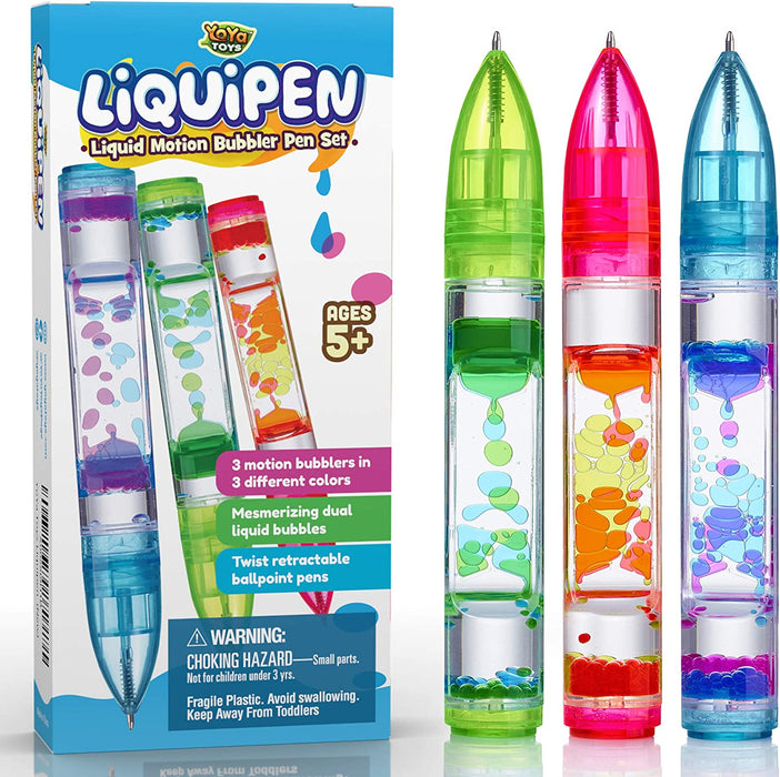 Liquipen - Liquid Motion Bubbler Pens Sensory Toy (3 Pack) - Writes like a Regular Pen - Colorful Liquid Timer Pens Great for Stress and Anxiety Relief - Cool Fidget Toys for Kids and Adults
