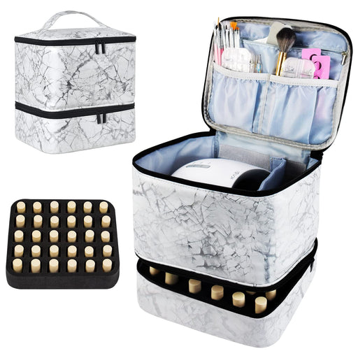 Nail Polish Organizer and Nail Dryer Case, Double-Layer Nail Polish Storage Holds 30 Bottles (15Ml/0.5 Fl.Oz) and 1 Led Nail Lamp, Travel Carrying Case for Nail Polish Kit Set (Marbling-White)
