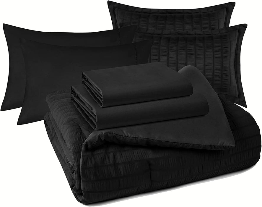 Queen Seersucker Comforter Set with Sheets Black Bed in a Bag 7-Pieces All Season Bedding Sets with Comforter, Pillow Sham, Flat Sheet, Fitted Sheet, Pillowcase