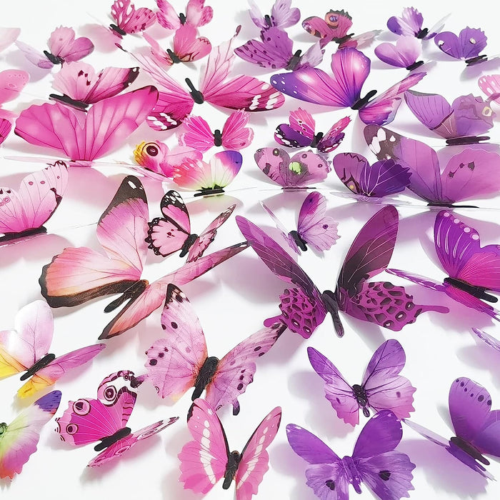 Butterfly Wall Decals 48PCS 3D Butterflies Decor Removable Mural Sticker Wall Art Home Decoration Kid Girl Bedroom Bathroom Baby Room Nursery Classroom Office Party (Pink Purple)