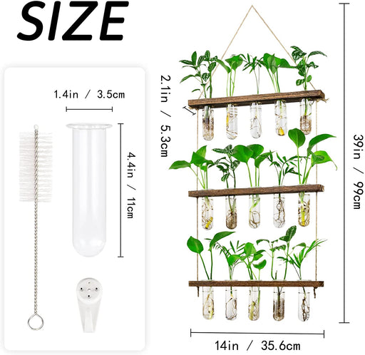 3 Tier Large Propagation Stations Wall Hanging Plant Terrarium with Wooden Stand, Retro Propagation Test Tube for Hydroponic Plants Cutting Flower, Propagator Home Office Patio Decor-Brown