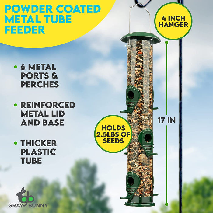 Gray Bunny Metal Bird Feeders for Outdoors Hanging, 6-Port, Premium Grade Metal Tube Bird Feeder,2-Pack, Chew-Proof and Rust-Proof, 16 Inches