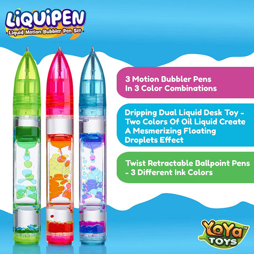 Liquipen - Liquid Motion Bubbler Pens Sensory Toy (3 Pack) - Writes like a Regular Pen - Colorful Liquid Timer Pens Great for Stress and Anxiety Relief - Cool Fidget Toys for Kids and Adults