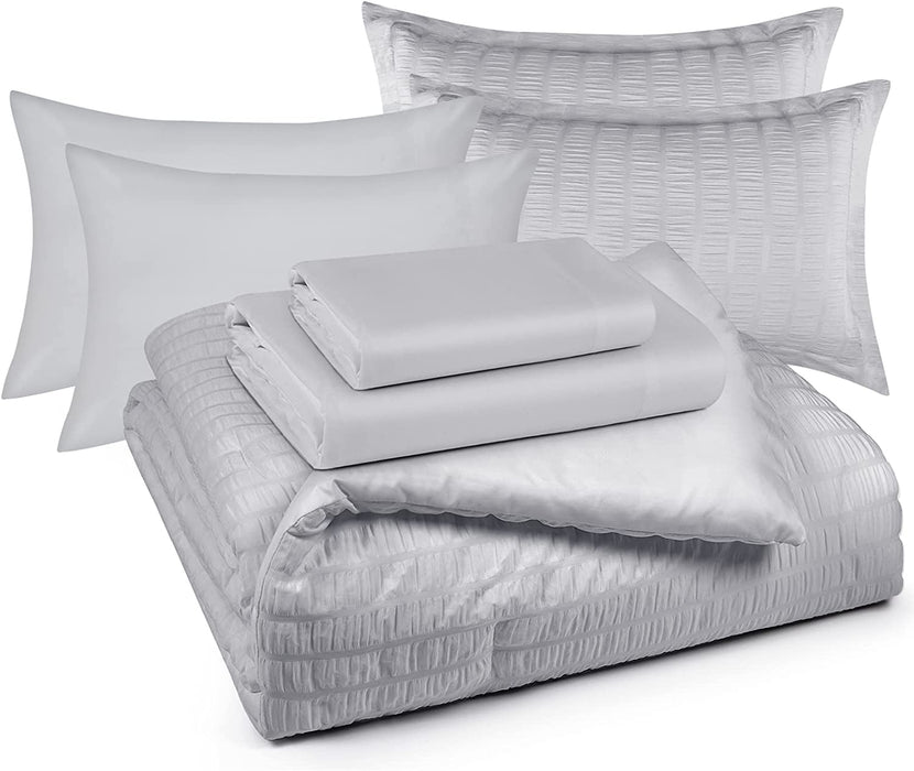 Cozylux Queen Bed in a Bag Light Grey Seersucker Textured Comforter Set with Sheets 7-Pieces All Season Bedding Sets with Comforter, Pillow Sham, Flat Sheet, Fitted Sheet and Pillowcase