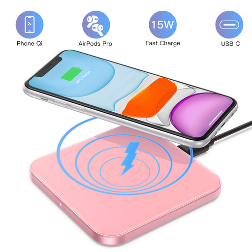 Wireless Charger, 15W Max Fast Charging Pad with USB-C for Iphone, LG, Galaxy , Airpods Pro , Pink
