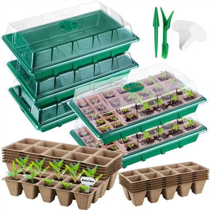 5 Pack Seed Starter Tray Kit, 15 Peat Pots for Seedlings Plastic Growing Germination Trays with Plants Labels, Planting Tools, Germination Plant Starting Pots for Plant Seeds, Green