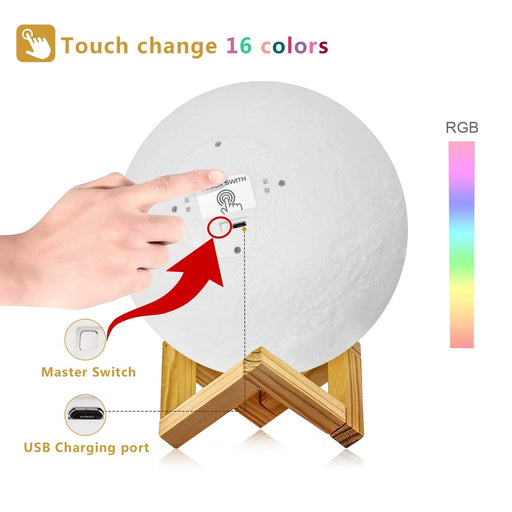 Moon Lamp 16 Colors, Dimmable, Rechargeable Lunar Night Light (5.9 Inch) Full Set with Wooden Stand, Remote & Touch Control - Cool Nursery Decor for Baby Kids Bedroom, Birthday Day Gifts
