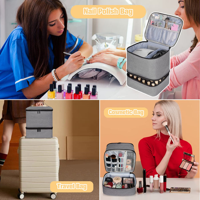 Nail Polish Organizer and Nail Dryer Case, Double-Layer Nail Polish Storage Holds 30 Bottles (15Ml/0.5 Fl.Oz) and 1 Led Nail Lamp, Travel Carrying Case for Nail Polish Kit Set (Grey)