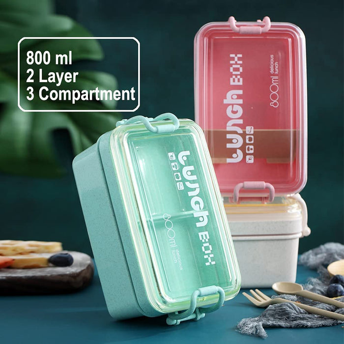 Bento Box Japanese Lunch Box Kit, Stackable 2 Layer Lunch Box, Leakproof Wheat Straw BPA Free Bento Lunch Boxes Set with Soup Cup, Spoon and Fork, Cake Cups