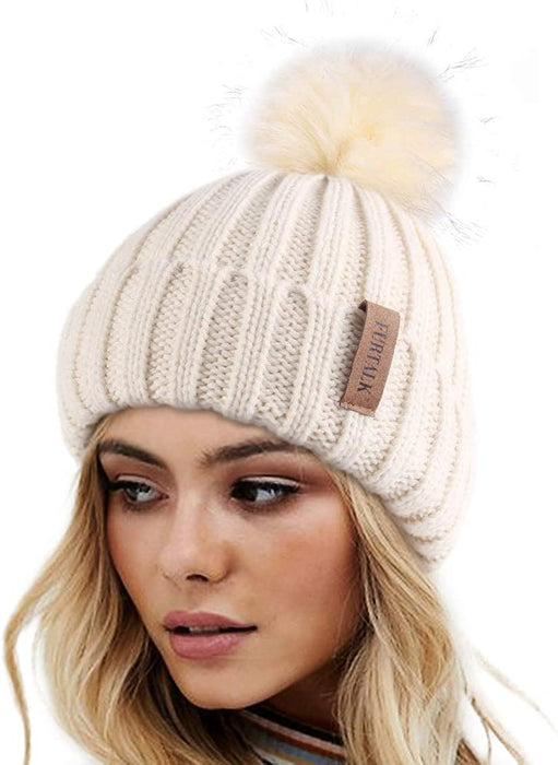 FURTALK Womens Winter Knitted Beanie Hat with Faux Fur Pom Warm Knit Skull Cap Beanie for Women…