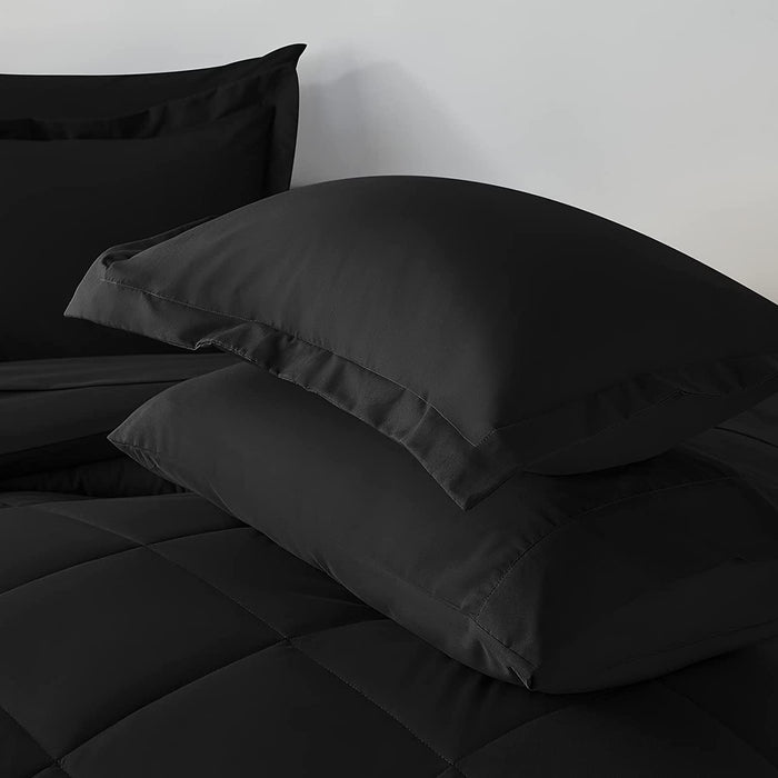 Queen Comforter Set with Sheets 7 Pieces Bed in a Bag Black All Season Bedding Sets with Comforter, Pillow Shams, Flat Sheet, Fitted Sheet and Pillowcases