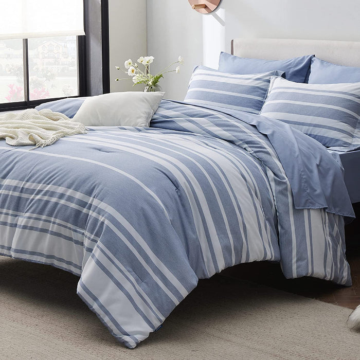 Bedsure Bed in a Bag Full Size 7-Piece Blue White Striped Bedding Comforter Sets All Season Bed Set, 2 Pillow Shams, Flat Sheet, Fitted Sheet and 2 Pillowcases