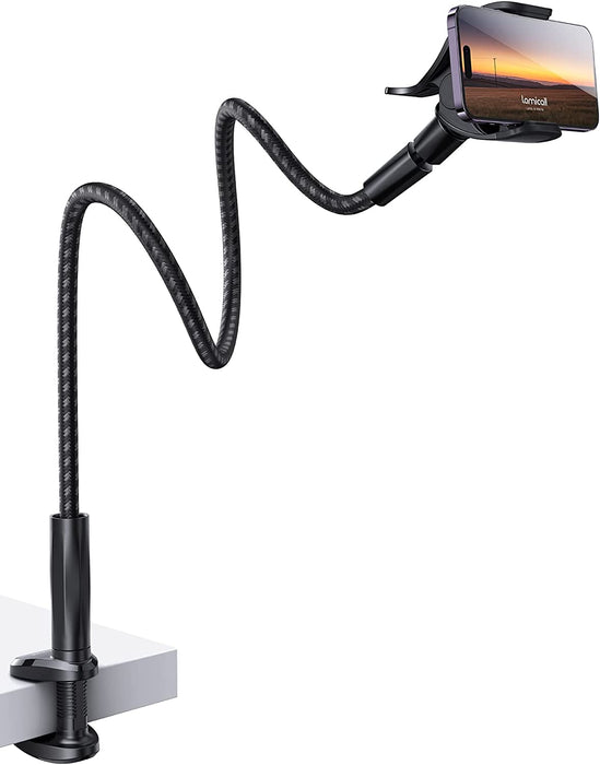 Gooseneck Phone Holder Bed - [Newest Nylon Braided] Flexible Arm, Overall Length 38Inch, 360 Adjustable Clamp Clip, Overhead Cell Phone Mount Stand for Bed, Desk, 4-7” Cellphone