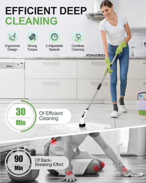 Electric Spin Scrubber, Cordless Cleaning Brush with 9 Replaceable Brush Heads, 1.5H Power Dual Speed, Shower Scrubber with Extension Handle for Bathroom Tub Tile Floor Car