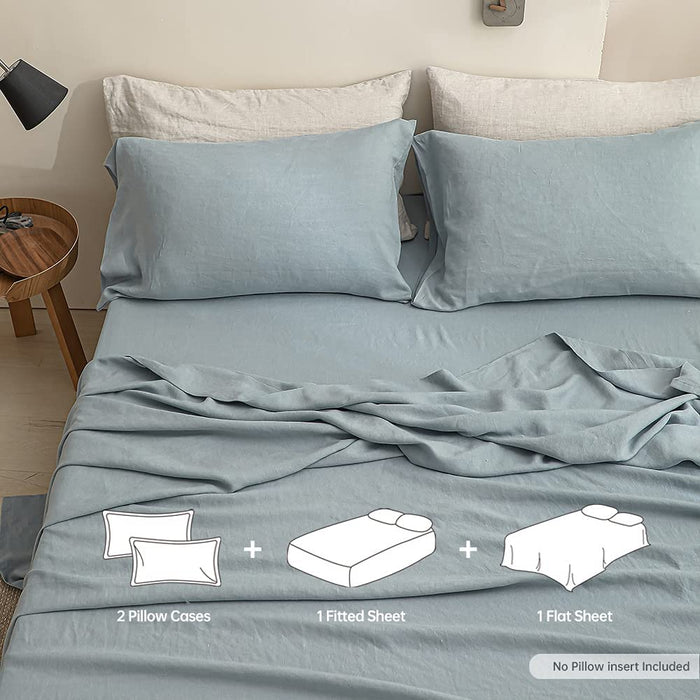 Simple&Opulence 100% Linen Sheet Set Solid Color-4 Pcs Washed French Linen Bed Sheets(1 Flat Sheet,1 Fitted Sheet,2 Pillowcases)-Breathable Bedding Set (Dusty Blue, Queen)