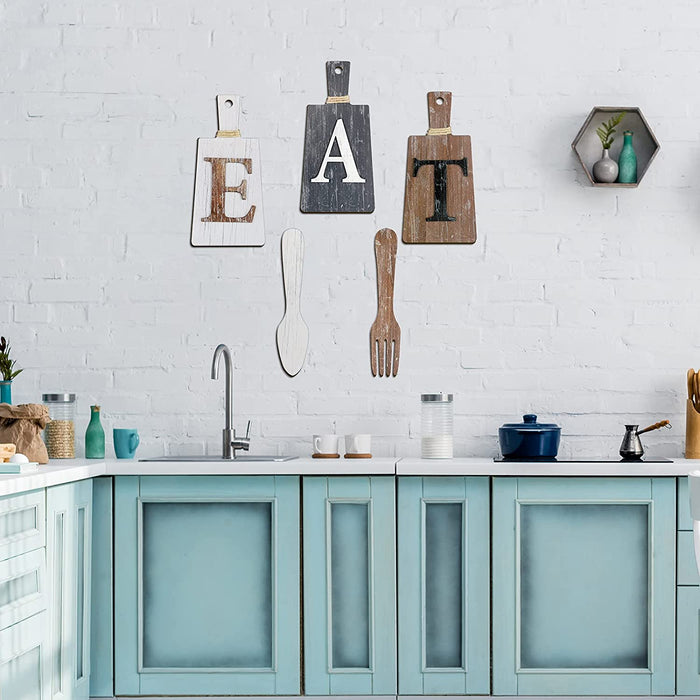 Cutting Board Eat Sign Set Hanging Art Kitchen Eat Sign Fork and Spoon Wall Decor Rustic Primitive Country Farmhouse Kitchen Decor for Kitchen and Home Decoration (Gray, White, Brown)