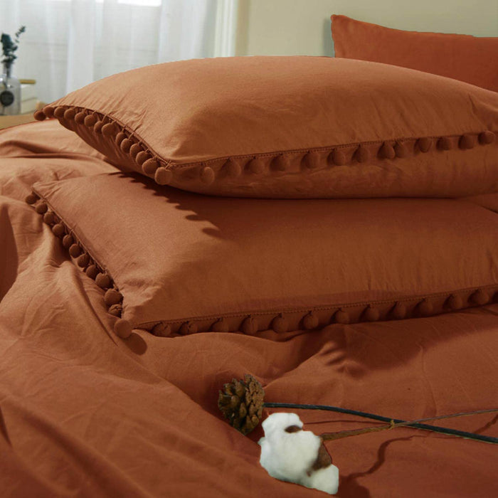Burnt Orange Comforter Set Queen Size Pom Pom, 3 Piece Boho Bed Set, All Season Farmhouse Microfiber down Alternative Bedding Comforter (90X90) with 2 Pillow Shams