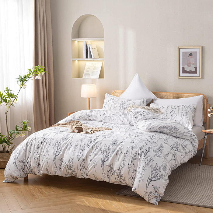 3Pcs White Comforter Set, Soft Microfiber Bedding Plant Flowers Printed Comforter with 2 Pillow Cases for All Seasons(Queen)