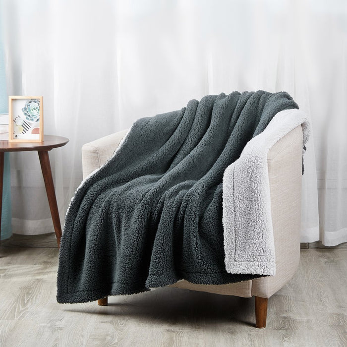 Reversible 2-Tone Sherpa Dual Layer Throw Blanket, 50" X 60", Recycled Polyester, Dark Gray and Light Gray