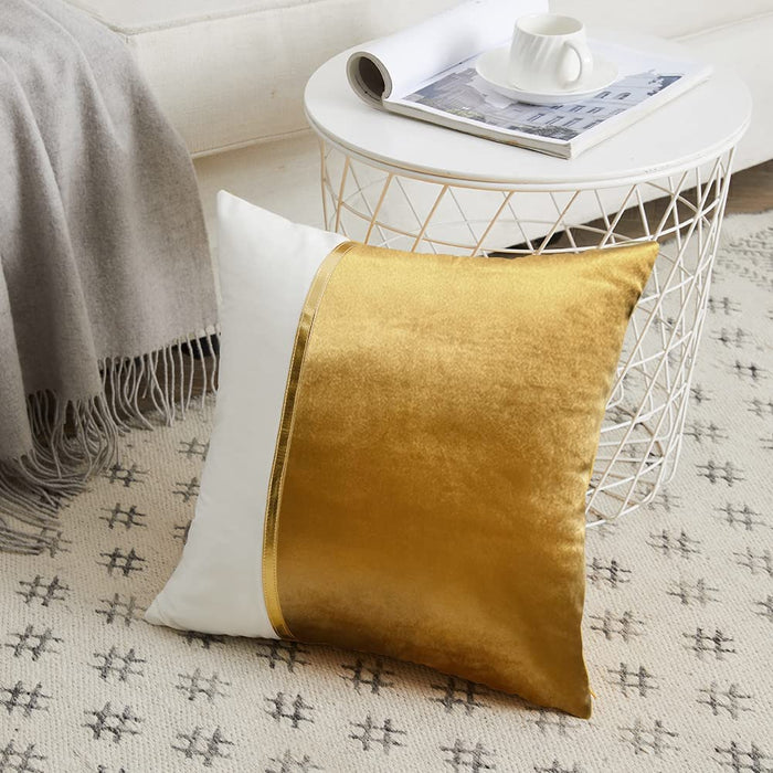 4 Packs Gold Decorative Throw Pillow Covers 18X18 Inch for Living Room Couch Bed Sofa, Gold and White Velvet Patchwork with Gold Leather, Luxury Home Decor Square Cushion Case 45X45 Cm