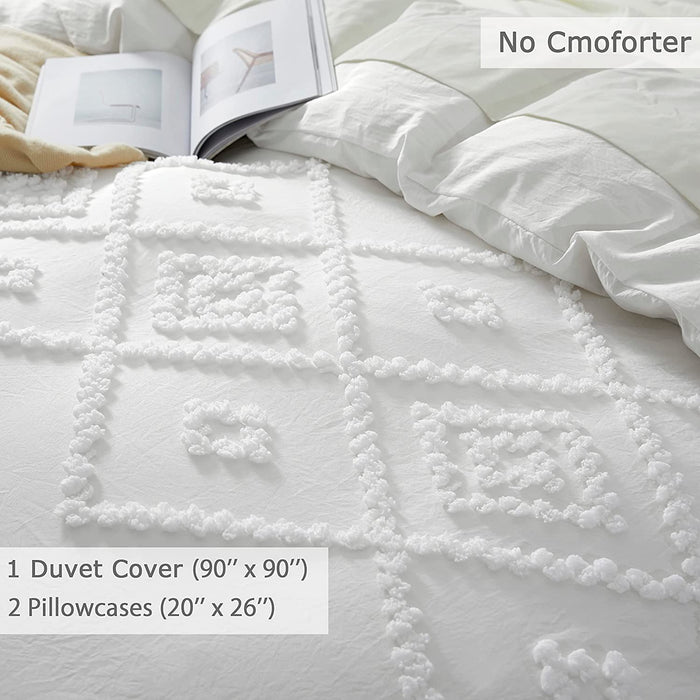 Oli Anderson Duvet Cover Queen Size, 3 Pieces Boho Tufted Bedding Set for All Seasons, Soft and Embroidery Shabby Chic Duvet Covers Set with Zipper Closure (White, Queen, 90’’ X 90’’)