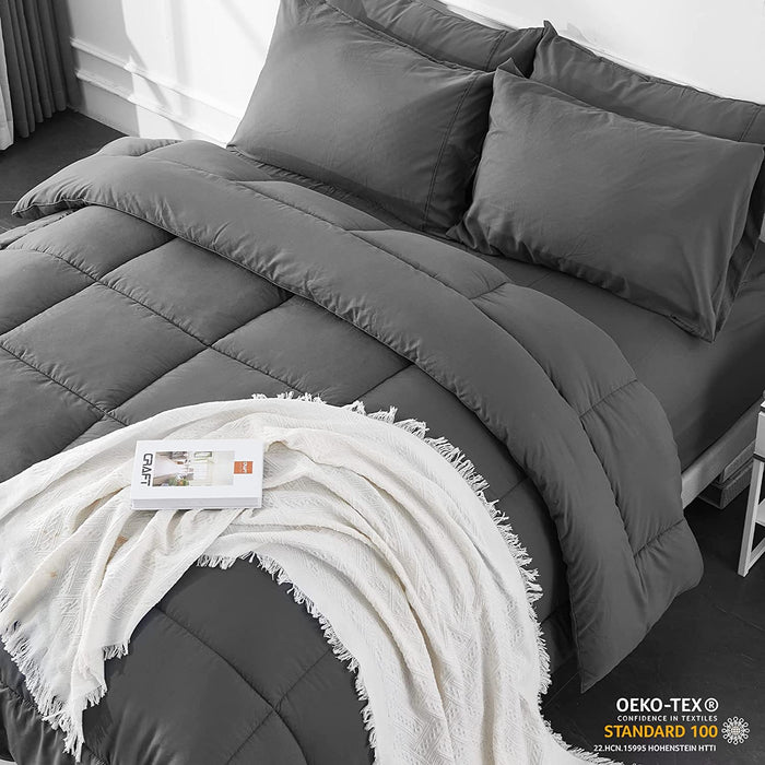 Full Size 7 Pieces Bed in a Bag Bedding Set - Lightweight Dark Grey Comforter Set, All Season Ultra Soft down Alternative Bedding Comforter Set with Comforter, Pillowcase, Flat Sheet, Fitted Sheet