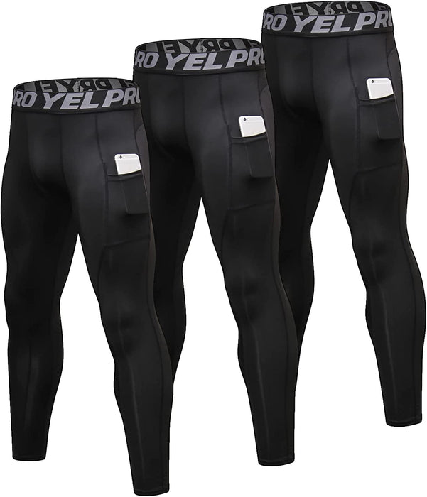 3 Pack Men'S Compression Pants Cool Dry Athletic Tights Sport Leggings with Pocket Baselayer for Running Football Yoga