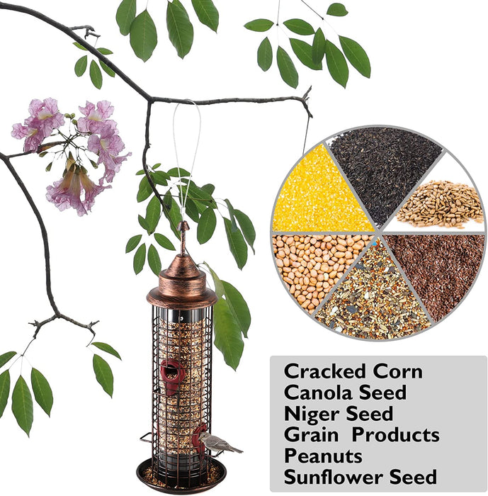 Birdland Tube Wild Bird Feeder for Garden Yard Outdoor Decor, with 4 Feeding Ports & Drainage Holes, 1.35 Lb Capacity, Bronze