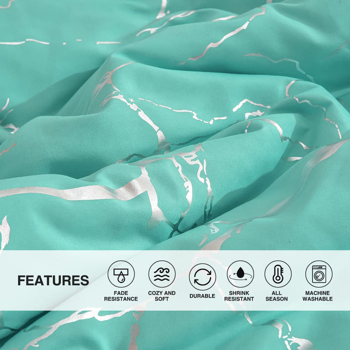 Silver Metallic Marble Comforter Set Queen Size Foil Print Glitter Bedding Set, Aqua/Silver