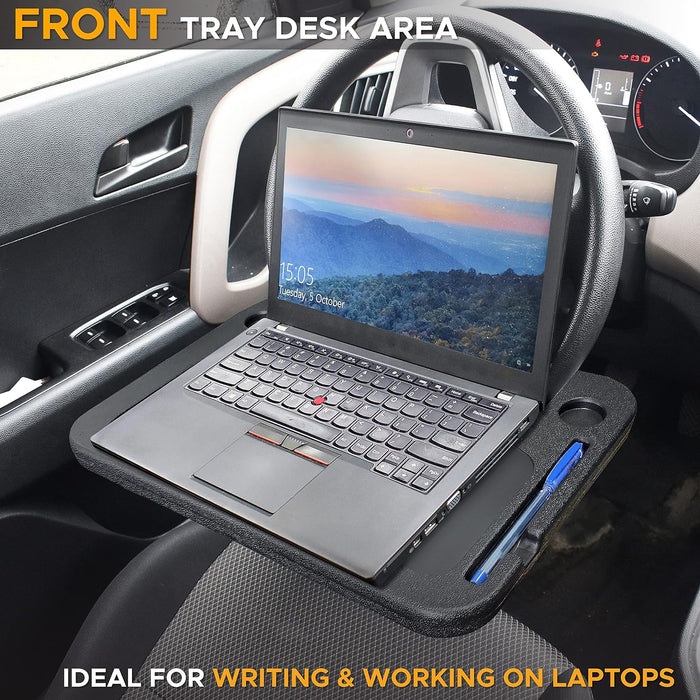 2 in 1 Car Steering Wheel Desk | Steering Wheel Tray for Laptop Car Mount with Pen Holder | Car Food Tray for Eating with Drinks Holder | Multipurpose Travel Car Accessories